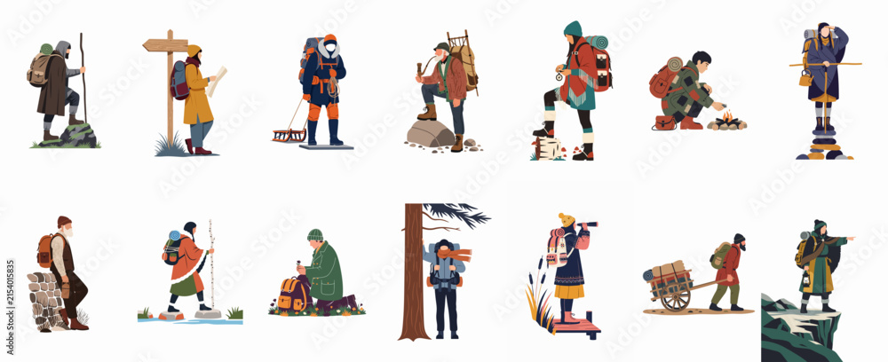 Fototapeta premium Set of illustrated characters engaging in various hiking, trekking, and outdoor adventure activities, isolated on a white background.