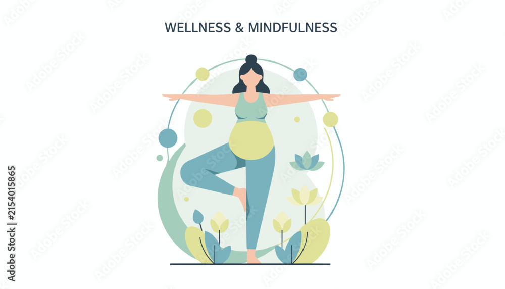 Naklejka premium Pregnant woman practicing tree pose yoga for mindfulness and physical wellness during her maternity active period.