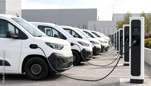 Modern electric vans charging in a row at public charging station in urban parking lot
