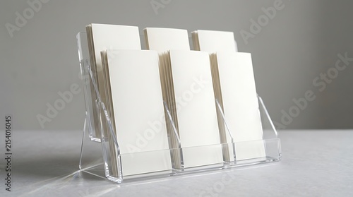 Clear acrylic brochure holder with stack of blank white paper leaflets for business marketing or office desk display
