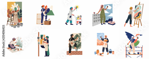 Bild auf Leinwand A collection of flat illustrations showing various artists and creatives engaged in painting murals, canvases, and street art in different settings