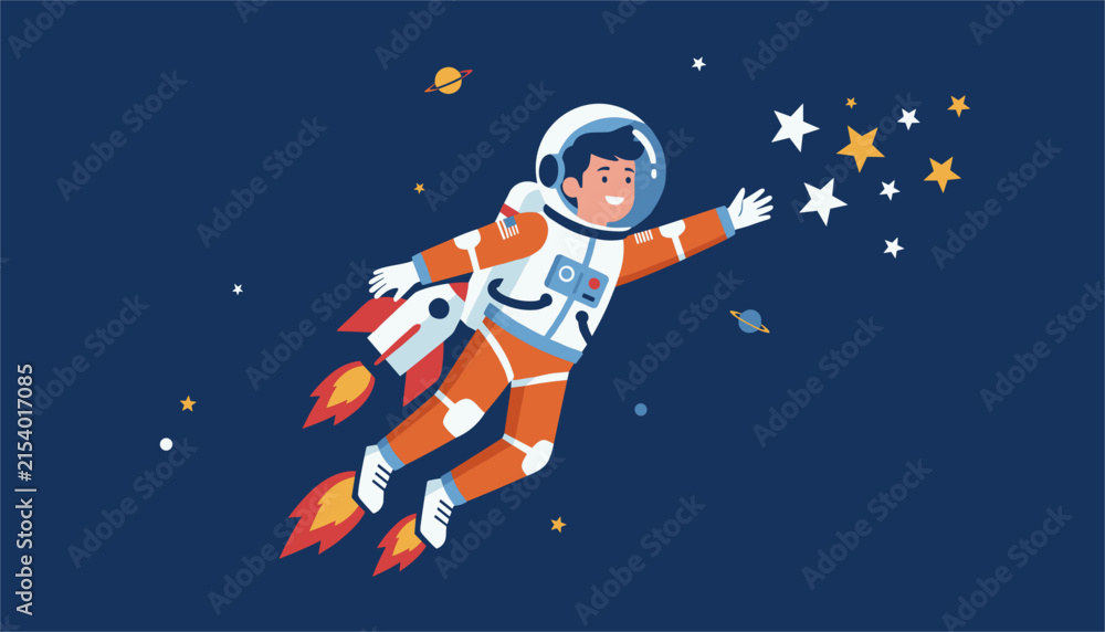 Naklejka premium Cute boy astronaut wearing a space suit flying in outer space and reaching for the stars with rocket boosters.
