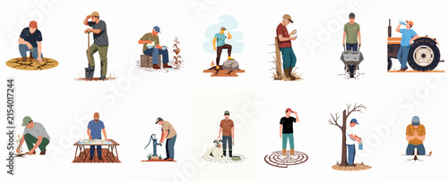 Set of vector illustrations depicting farmers facing agricultural challenges, drought, and hard manual labor in a rural environment.