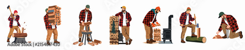 Lumberjack Character Set Performing Various Tasks Like Chopping Wood, Carrying Logs, and Using a Wood Stove on a White Background