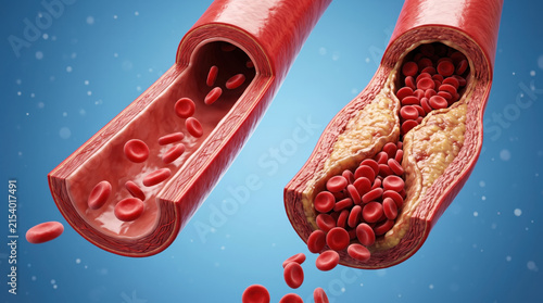 Healthy artery illustration shows cardiovascular health with artery blockage caused by atherosclerosis reducing blood flow and risking heart disease in detailed medical concept