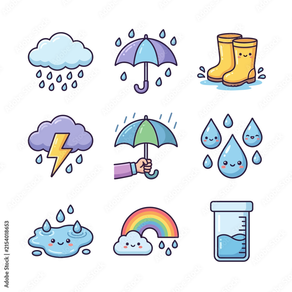 Obraz premium Collection of Cute Weather Icons Featuring Rain Clouds Umbrellas and Rainbows PET1 90 Illustration