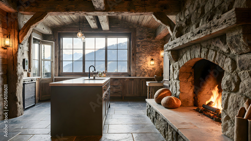 Cozy Rustic Cabin Kitchen with Stone Fireplace and Mountain View Window