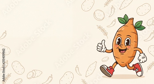 Cute cassava sweet potato mascot giving thumbs up while running beside food doodle background with wide copy space for text on clean cream background