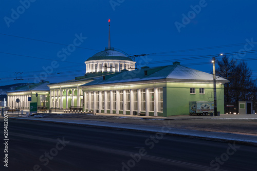 View of the railway station building early on a March morning. Murmansk