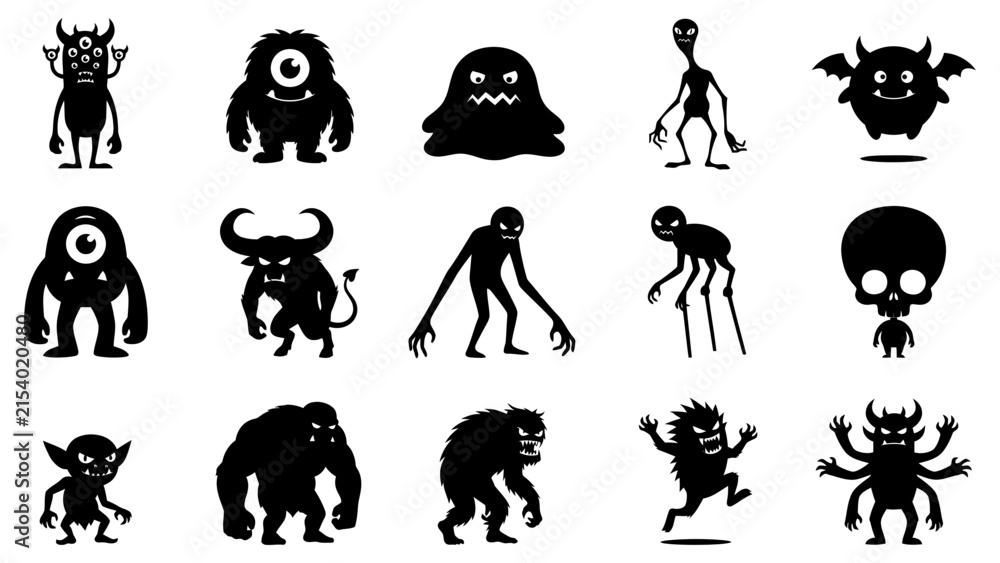 Obraz premium Set of black silhouettes of various cartoon monsters and scary creatures for halloween design and creative projects