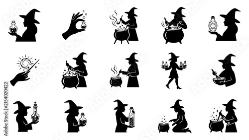 Canvas Print Set of black silhouette icons featuring witches brewing potions and casting magi