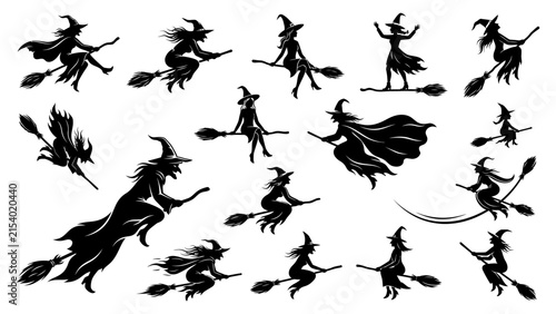 Fotografie Collection of black silhouettes of witches flying on broomsticks isolated on a w