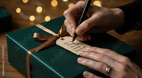 Hands Writing Dark Green Gift Tag on Wrapped Box with Ribbon