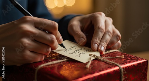 Hands Writing on Gift Tag on Red Present in Warm Lighting