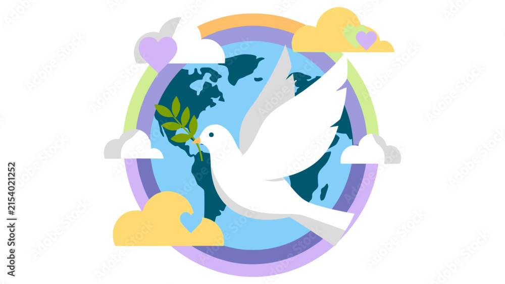 Fototapeta premium Peace Illustration with Dove Holding Olive Branch over Planet Earth