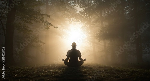Meditating Person Silhouette Peaceful Forest Golden Light