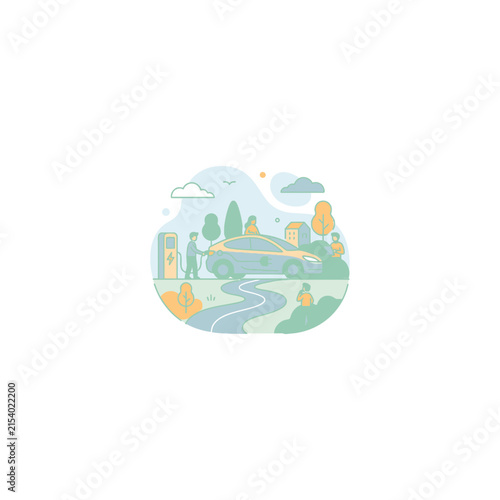 Circular landscape illustration of electric car in green park.