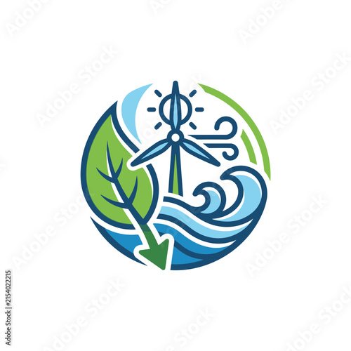 Circular logo combining wind energy, water, and leaf.