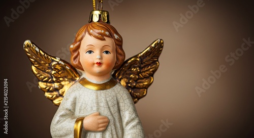 Ceramic Angel Figurine with Golden Wings on Brown Background