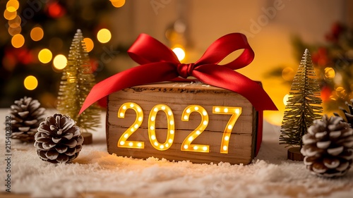 Christmas 2027 decoration with golden numbers pinecones red bow and festive trees