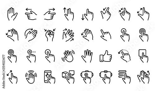 Touchscreen Gestures and Virtual Reality Interaction Line Icon Set with Swiping Zooming Scrolling Double Tap and Hand Motion Symbols for Mobile App Interfaces