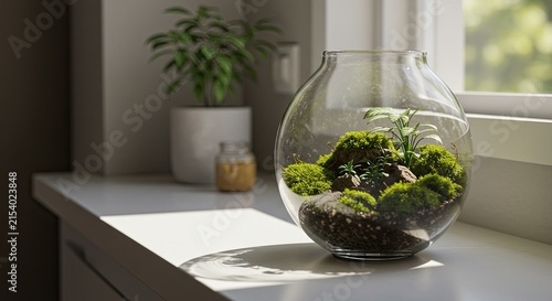 Small Clear Terrarium with Green Moss and Plants by Window