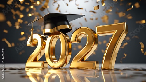 Golden 2027 numbers with graduation cap and falling confetti on a reflective background