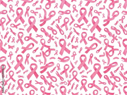 Seamless pattern with pink ribbons of breast cancer awareness isolated on white background