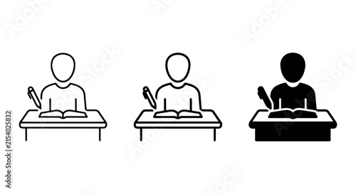 Student Studying at Desk Icon Set, Education Learning Symbols, Knowledge Acquisition Vector Graphics
