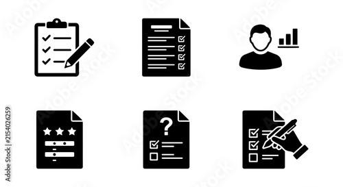 Checklist and Survey Icons, Business Analytics, Rating Stars, Question Mark Forms, Vector Set