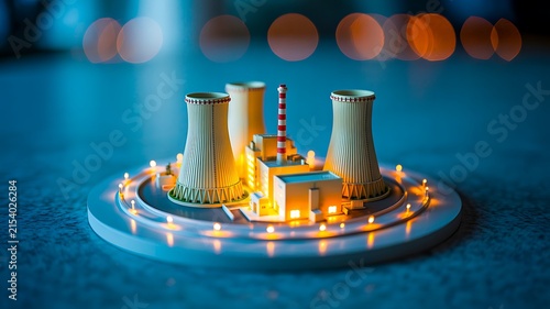 Power plant cooling towers with glowing energy concept and industrial technology