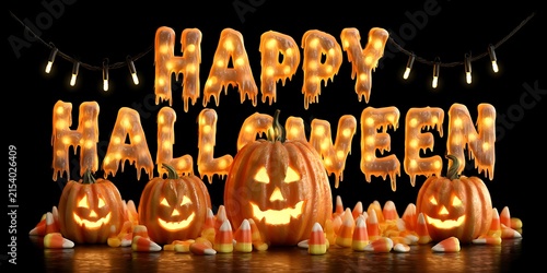 Glowing orange happy halloween lettering illuminated with dripping wax candles and carved spooky pumpkin lanterns below