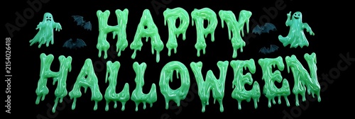 Glowing green liquid slime text happy halloween with spooky ghosts and bats on black background