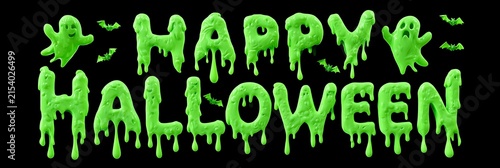 Happy halloween text rendered in vibrant green dripping slime with cute ghosts and flying bats