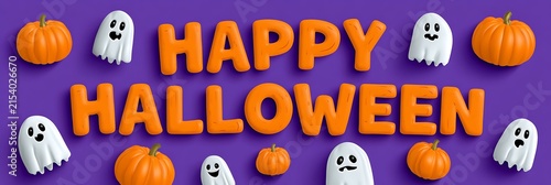 Happy halloween text display featuring cute pumpkins and friendly ghosts on a vibrant purple background surface