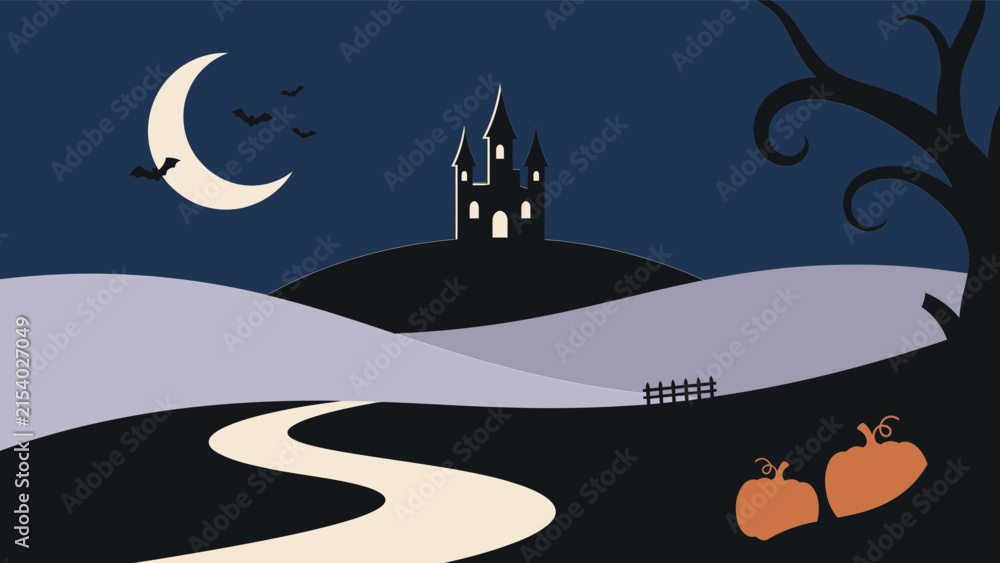 Fototapeta premium Haunted castle on moonlit hill with pumpkins and winding path