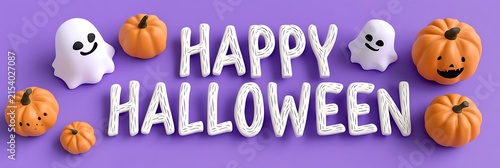 Happy halloween text decorated with cute ghosts and pumpkins on a bright purple flat background
