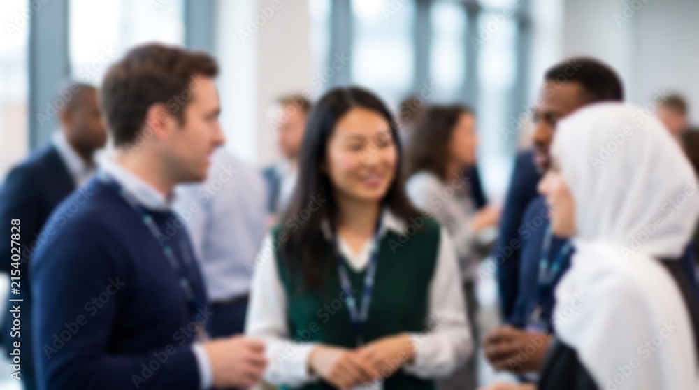 Obraz premium Diverse business team having professional conversation at corporate networking event with blurred office background and bright natural light creating an authentic workplace atmosphere