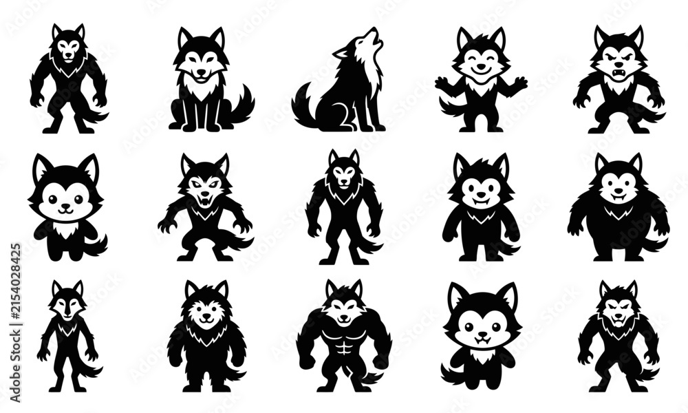 Obraz premium Werewolf character icons set, 15 black wolf silhouettes in SVG format, cartoon monster mascot collection for Halloween gaming and branding