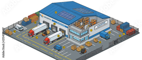 Logistics Warehouse with Trucks and Cargo