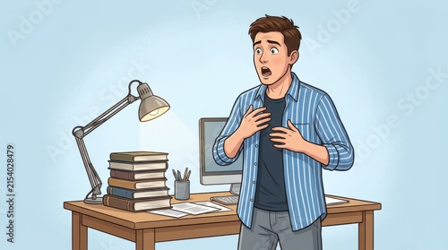 Shocked young man standing in front of his office desk with books and computer