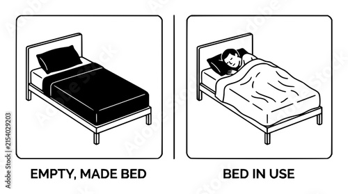 Bed set with modern flat design featuring single, double, queen, king, and twin with pillows and blankets