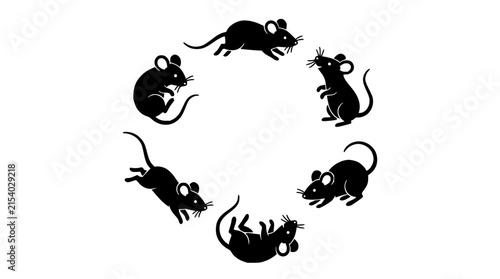Black mice set with circular arrangement featuring computer mice, rodents, and tech accessories with minimalist style and vector illustration