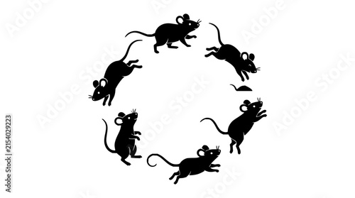 Black mice set with circular arrangement featuring rodents, silhouettes, and monochrome design with vector illustration