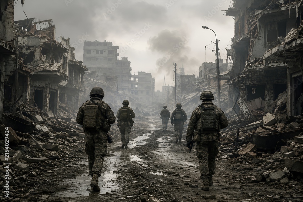Obraz premium Soldiers Walking Along a Destroyed Urban Street Surrounded by War Damaged Buildings