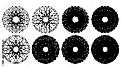 Four circular patterns with minimalist line art featuring geometric shapes, abstract designs, and symmetrical motifs with clean vector strokes