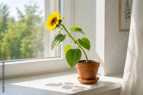 Potted sunflower on windowsill bending toward light, natural tendency and growth concept
