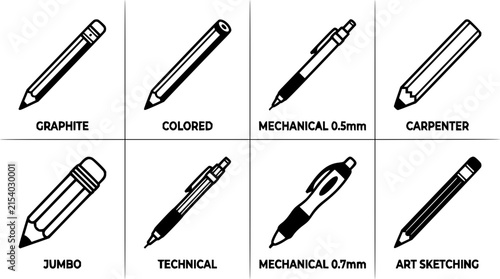 Pencil icon set with flat design line art featuring writing tools, stationery, and education symbols with minimal style and vector graphics