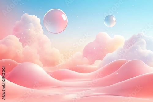 Dreamlike Pink Cloudscape with Floating Spheres in Soft Pastel Colors
