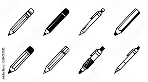 Pencil icons set with flat design arranged in rows featuring modern line art, stationery symbols, and minimalist graphics with clean edges and uniform spacing and